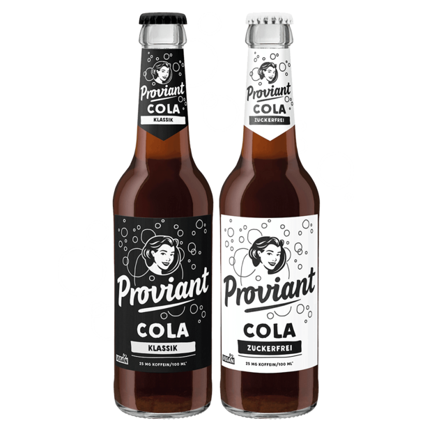 Zwei Proviant Cola-Flaschen in den Sorten Klassik und Zuckerfrei.