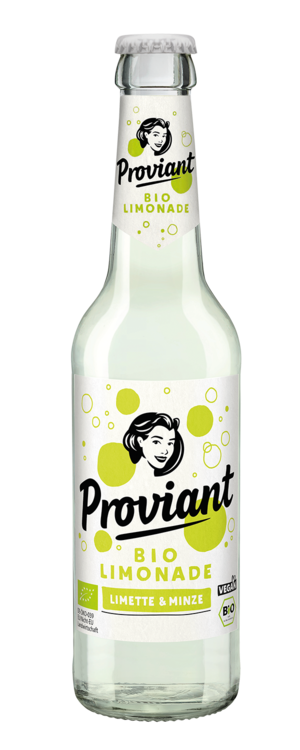 0,33l Flasche Proviant Limette Minze Bio Limonade mit weißem Etikett und grüner Schrift.