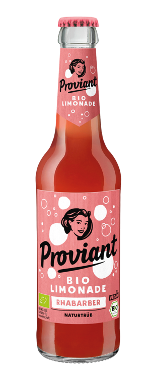 0,33l Flasche Proviant Rhabarber Bio Limonade mit rosa Etikett und weißer Schrift.