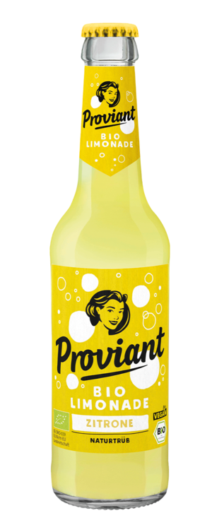 0,33l Flasche Proviant Zitrone Bio Limonade mit gelbem Etikett und weißer Schrift.