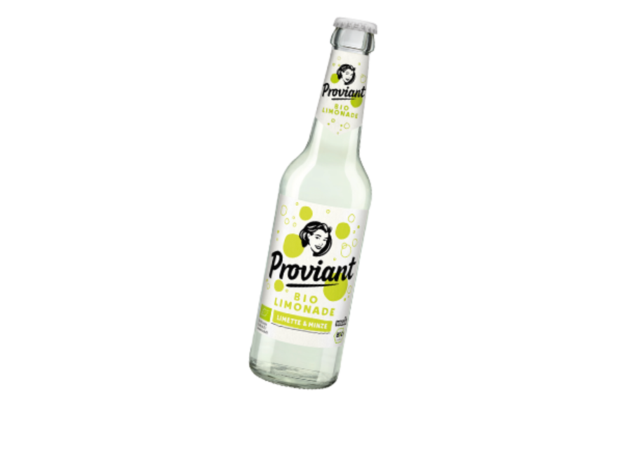 0,33l Flasche Proviant Limette Minze Bio Limonade mit weißem Etikett und grüner Schrift.