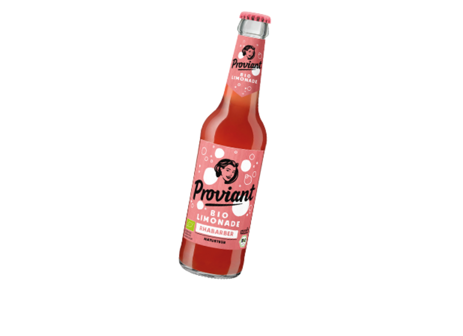 0,33l Flasche Proviant Rhabarber Bio Limonade mit rosa Etikett und weißer Schrift.
