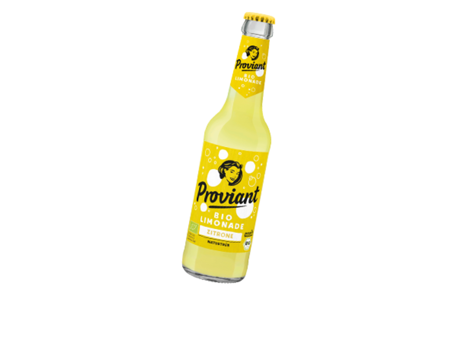 0,33l Flasche Proviant Zitrone Bio Limonade mit gelbem Etikett und weißer Schrift.