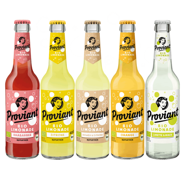 Fünf Proviant Bio-Limonaden in den Sorten Rhabarber, Zitrone, Ingwer-Zitrone, Orange und Limette-Minze.