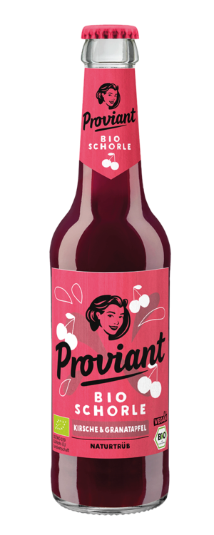 0,33l Flasche Proviant Kirsche Granatapfel Bio Schorle mit pink-rotem Etikett und weißer Schrift.