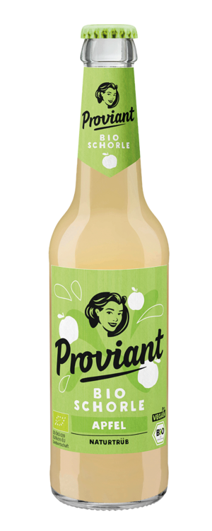 0,33l Flasche Proviant Apfel Bio Schorle mit grünem Etikett und weißer Schrift.