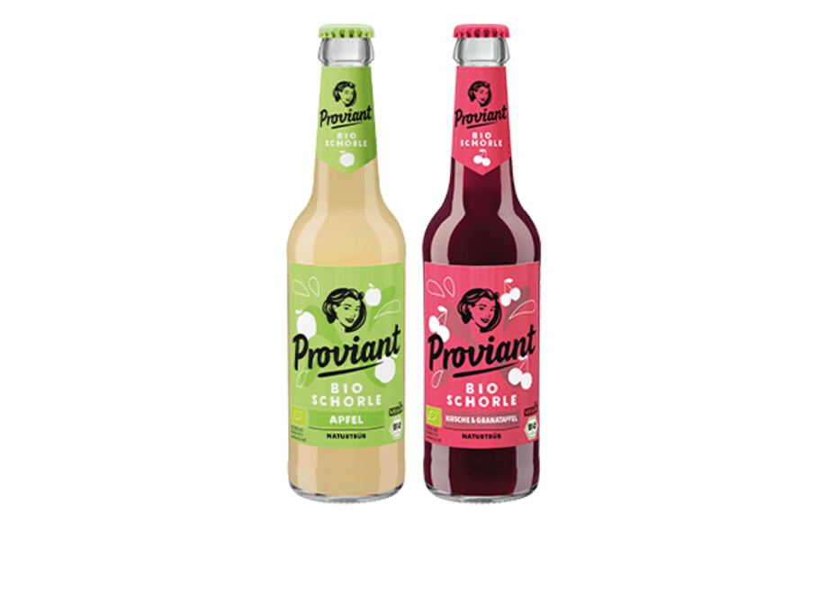 0,33l Flaschen von Proviant Apfel Bio Schorle und Proviant Kirsche Granatapfel Bio Schorle