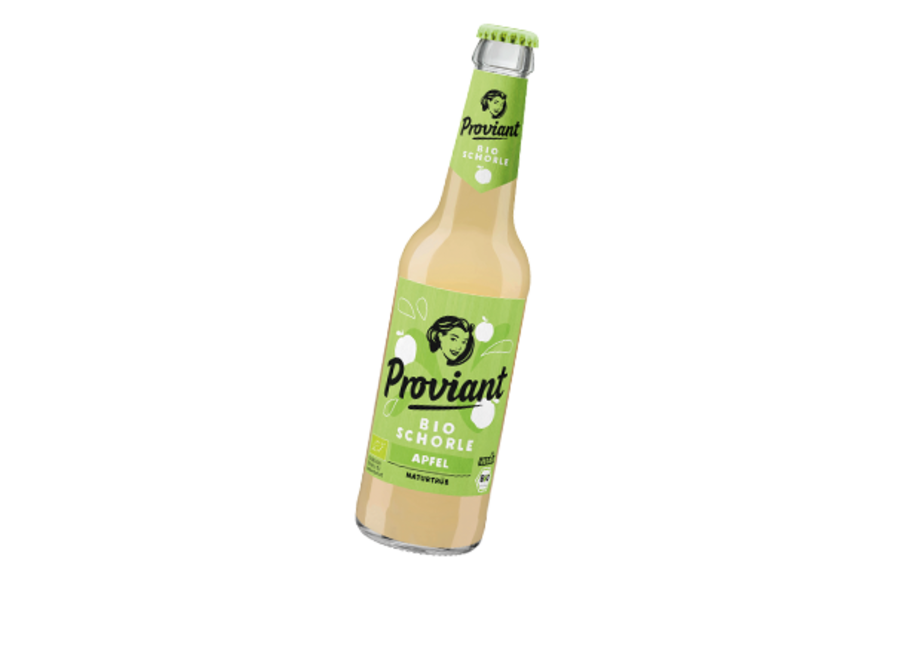 0,33l Flasche Proviant Apfel Bio Schorle mit grünem Etikett und weißer Schrift.