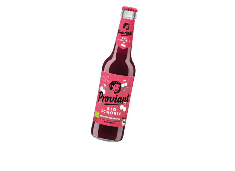 0,33l Flasche Proviant Kirsche Granatapfel Bio Schorle mit pink-rotem Etikett und weißer Schrift.