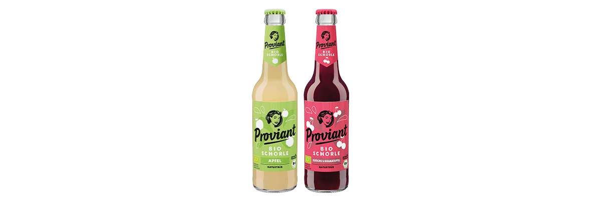 0,33l Flaschen von Proviant Apfel Bio Schorle und Proviant Kirsche Granatapfel Bio Schorle