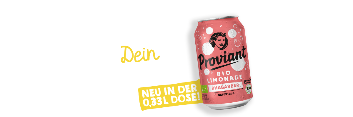 Proviant Bio-Limonade Rhabarber in der 0,33-l-Dose mit Hinweis „Neu in der 0,33-l-Dose“.