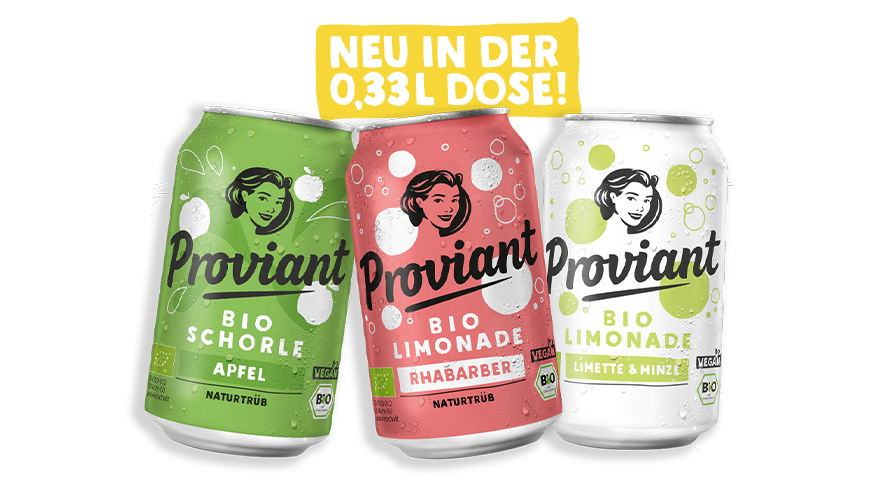Jetzt neu: Proviant Bio-Limonade und Bio-Schorle in 0,33-l-Dosen.