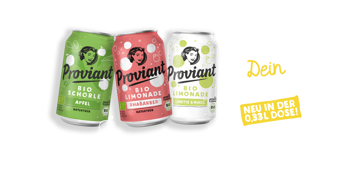 Jetzt neu: Proviant Bio-Limonade und Bio-Schorle in 0,33-l-Dosen mit Hinweis „Trägt sich gut. Dein Proviant“.