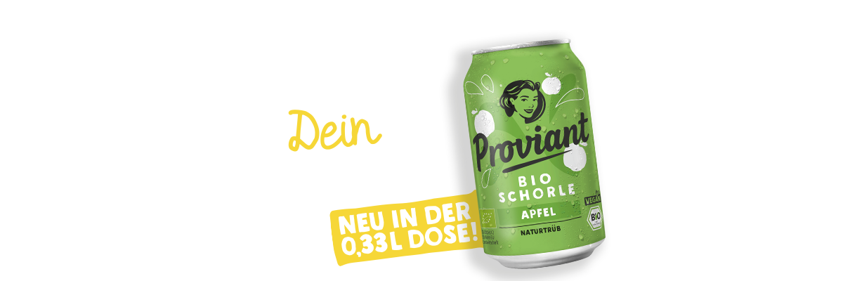 Proviant Bio-Schorle Apfel in der 0,33-l-Dose mit Hinweis „Neu in der 0,33-l-Dose“.
