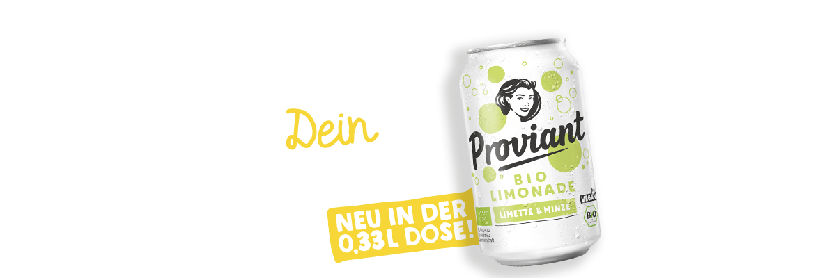 Proviant Bio-Limonade Limette-Minze in der 0,33-l-Dose mit Hinweis „Neu in der 0,33-l-Dose“.