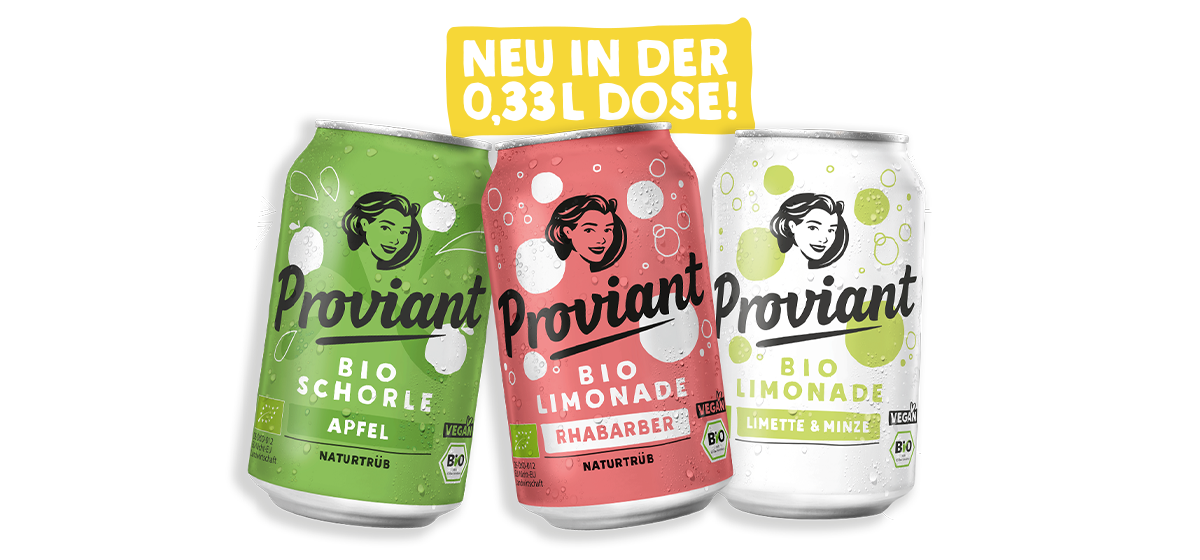 Jetzt neu: Proviant Bio-Limonade und Bio-Schorle in 0,33-l-Dosen mit Hinweis „Trägt sich gut. Dein Proviant“.