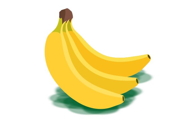 Drei gelbe Bananen mit braunem Stiel, die zusammenhängen.