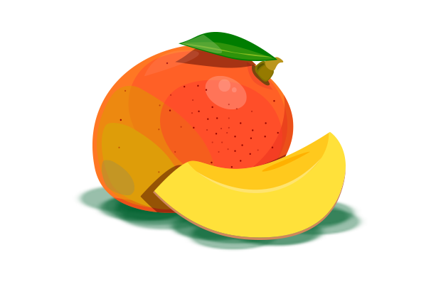 Eine ganze Mango mit grünem Blatt und ein aufgeschnittener Mangostück liegen nebeneinander.