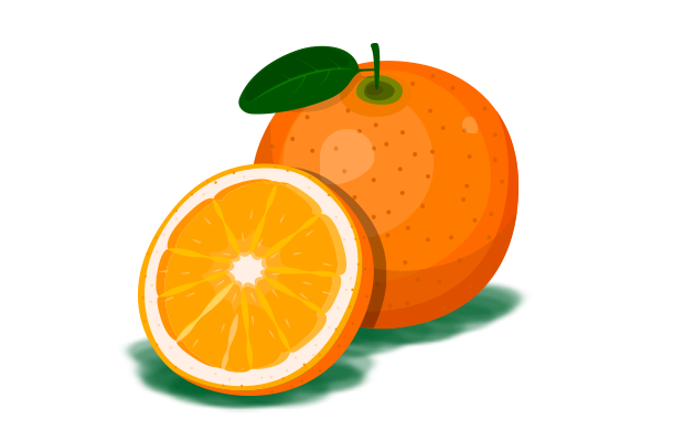 Eine ganze Orange mit grünem Blatt und eine halbierte Orange mit sichtbaren Segmenten liegen nebeneinander.