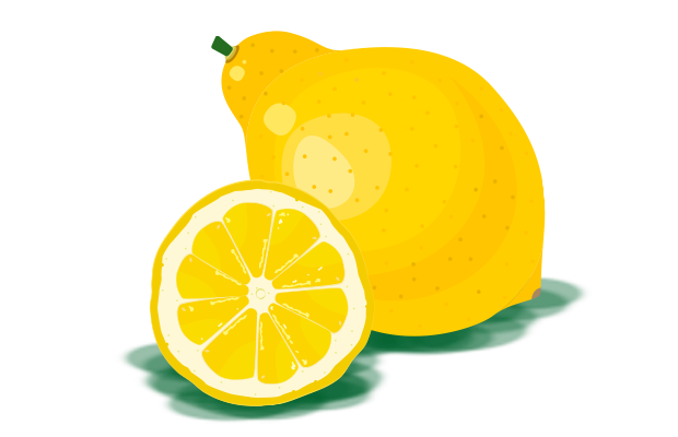 Eine ganze gelbe Zitrone mit Stiel und eine halbierte Zitrone mit sichtbaren Segmenten liegen nebeneinander.