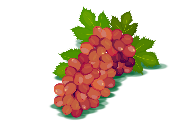 Ein Bündel roter Weintrauben mit grünen Blättern, digital gezeichnet.