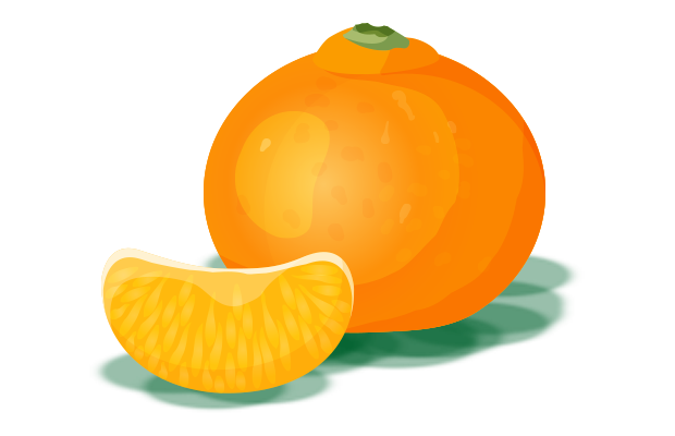 Eine ganze Mandarine mit grünem Stielansatz und ein einzelnes Mandarinenstück liegen nebeneinander.