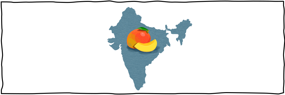 Die Landkarte Indiens mit einer Mango zentral daraufliegend.