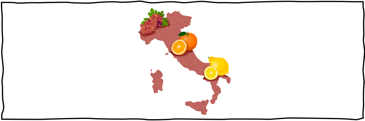 Die Landkarte von Italien mit unterschiedlichen Früchten draufliegend.