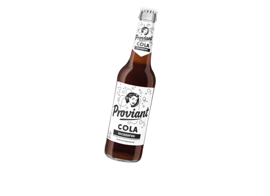 Braune Glasflasche mit weißem Etikett der Marke Proviant, darauf steht 'Cola zuckerfrei' und eine stilisierte Kaffeebohne. Die Flasche hat einen Kronkorken mit dem Proviant-Logo.