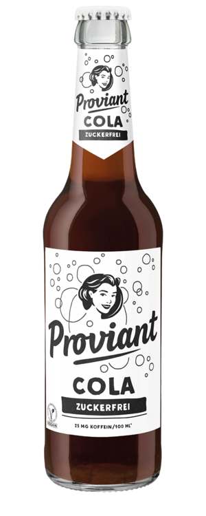 Braune Glasflasche mit weißem Etikett der Marke Proviant, darauf steht 'Cola zuckerfrei' und eine stilisierte Kaffeebohne. Die Flasche hat einen Kronkorken mit dem Proviant-Logo.