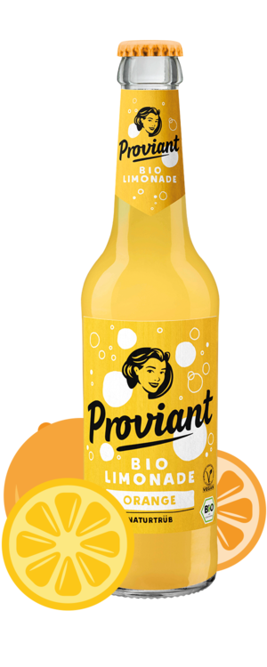 Gelbe Proviantflasche Bio-Limonade Orange mit Orangenscheiben.