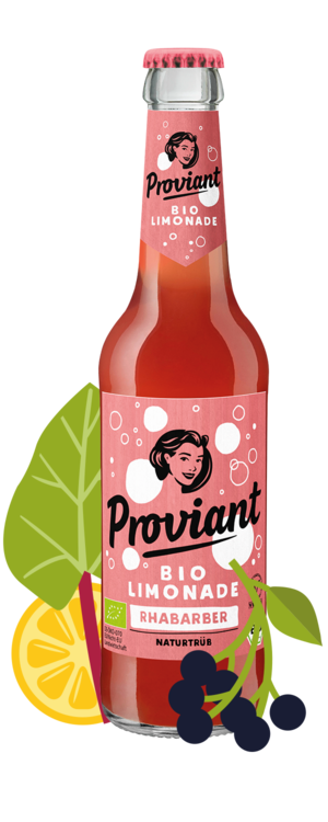 Rosa-Rote Proviantflasche mit der Sorte Rhabarber und einer Zitrone, einem Blatt und eine, Holunderfruchtzweig.