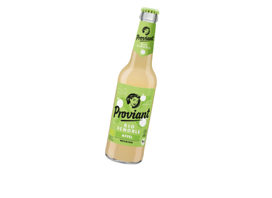 Eine Flasche Proviant-Bioschorle Apfel.