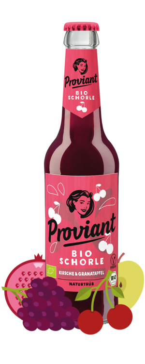 Eine Flasche Proviant Kirsche und Granatapfel mit Weintrauben und Kirschen vor der Flasche.