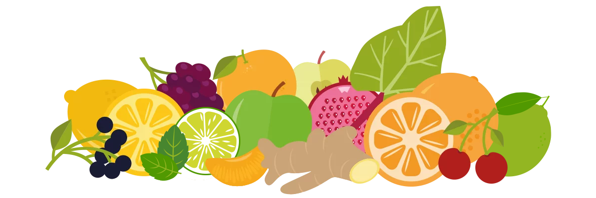 Verschiedene bunte Früchte und Blätter, darunter Zitrone, Limette, Orange, Kirschen, Brombeeren, Erdbeere, Apfel und Ingwer, nebeneinander angeordnet.