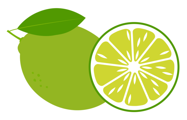 Eine grüne Limette mit einem Blatt und eine halbierte Limette mit sichtbaren Segmenten.