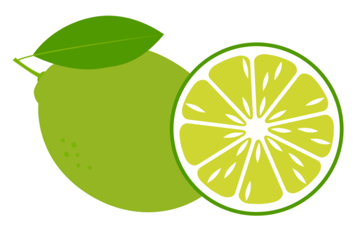 Eine grüne Limette mit einem Blatt und eine halbierte Limette mit sichtbaren Segmenten.